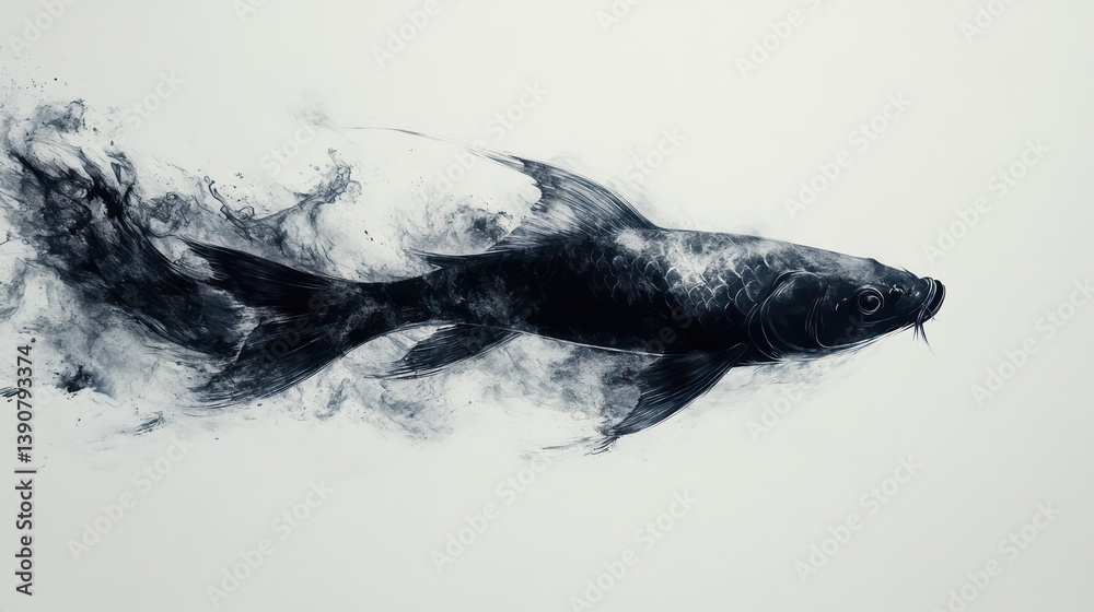Obraz premium An artistic depiction of a black fish swimming through an abstract cloud of smoke, a visual poem of movement and mystery