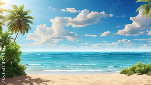 A serene beach scene under a bright, clear blue sky.