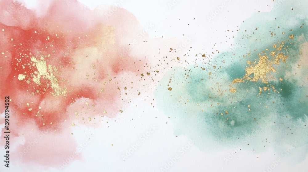 Obraz premium Watercolor Wash Texture Pink Green Gold Glitter Sparkles Abstract Painted Background