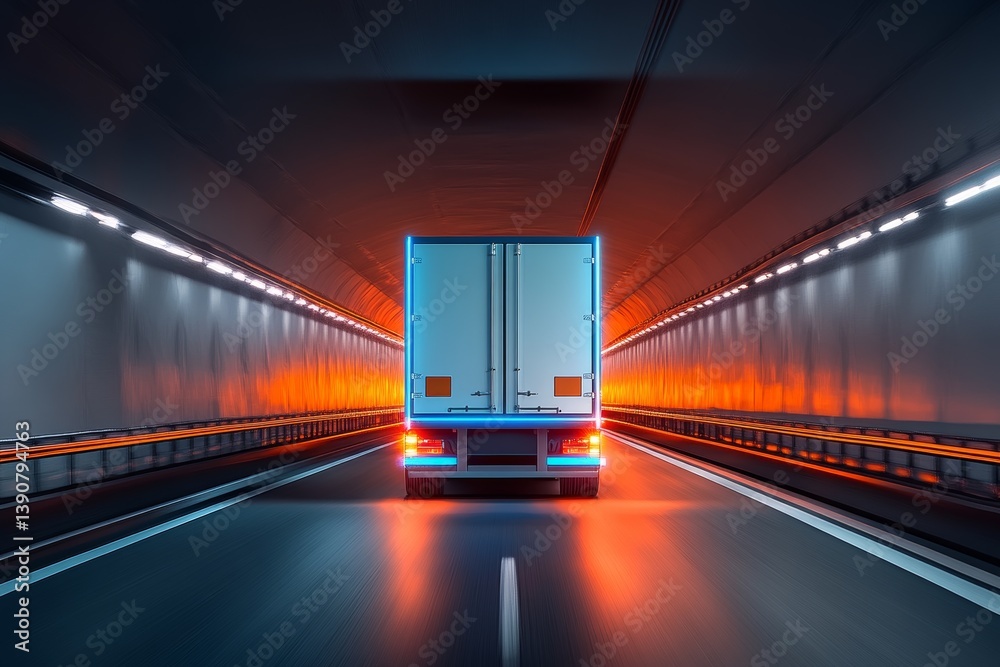 A semi-trailer with blue neon lights drives at high speed through a minimalist futuristic tunnel