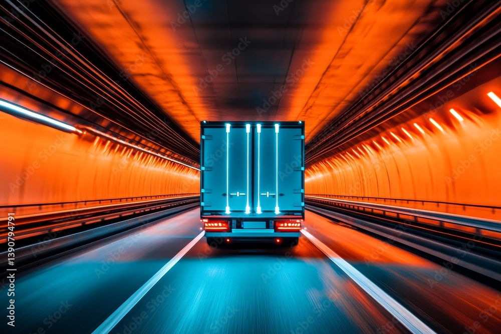 A semi-trailer with blue neon lights drives at high speed through a minimalist futuristic tunnel