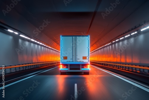 Obraz na płótnie A semi-trailer with blue neon lights drives at high speed through a minimalist futuristic tunnel w salonie