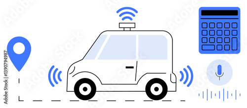 Self-driving car connected to GPS location pin, emitting wireless signals, integrated voice assistant, and calculator. Ideal for innovation, technology, AI, automation, navigation smart mobility