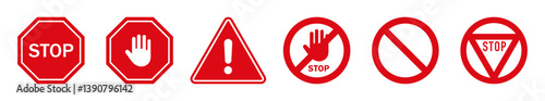 Set of red warning and stop signs including hand, exclamation mark, and no entry symbols. Ideal for road safety, caution, and traffic-related design or illustration. Stop, ban, icons, symbol, vector.