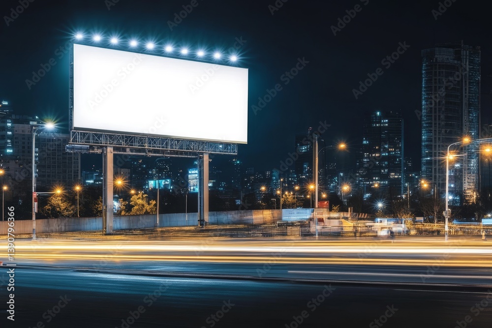 Billboards on a futuristic city scene at night