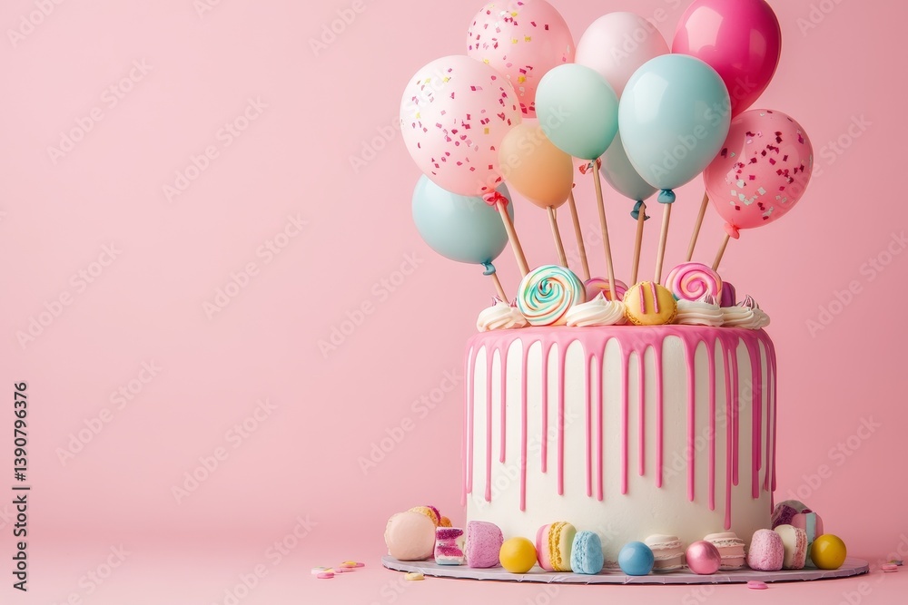 Birthday cake decorated with colorful sweets, balloons on a pink background