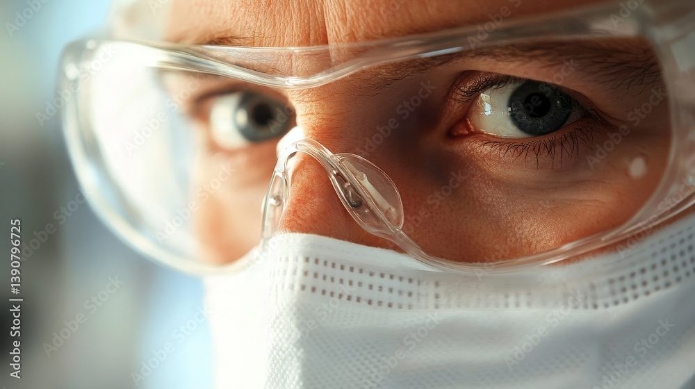 Closep-up image of a researcher in a protective mask working in a laboratory of a research institute