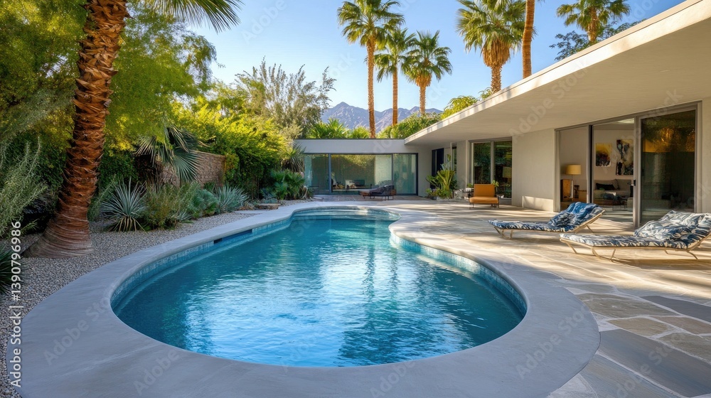 Fototapeta premium Serene Poolside Oasis Surrounded by Lush Palm Trees in a Modern Tropical Retreat