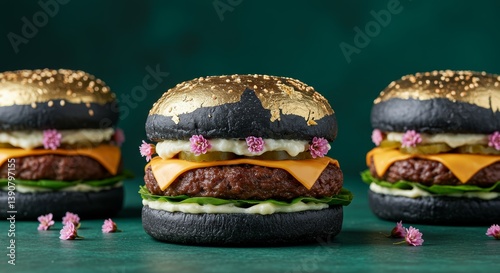 golden and black gourmet burgers with decorative flowers and lettuce arranged artistically against a green background conveying a modern culinary aesthetic