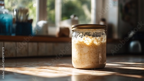 Glass jar filled with sourdough starter rests on a wooden surface, illuminated by the sun.