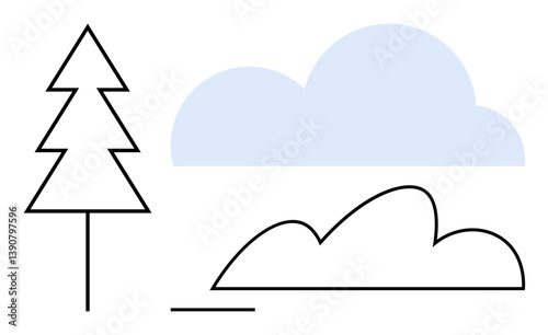 Simple geometric tree, abstract cloud, and shrub combine to form a serene nature scene. Ideal for nature, eco themes, sustainability, outdoor activities, minimal design, education flat simple