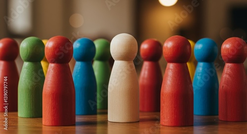 Colorful wooden figurines arranged with one cream-colored figurine standing out, creating a playful and engaging atmosphere in a soft-focus interior setting.