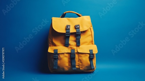 Obraz na płótnie Full school backpack isolated on blue background with copy space w salonie