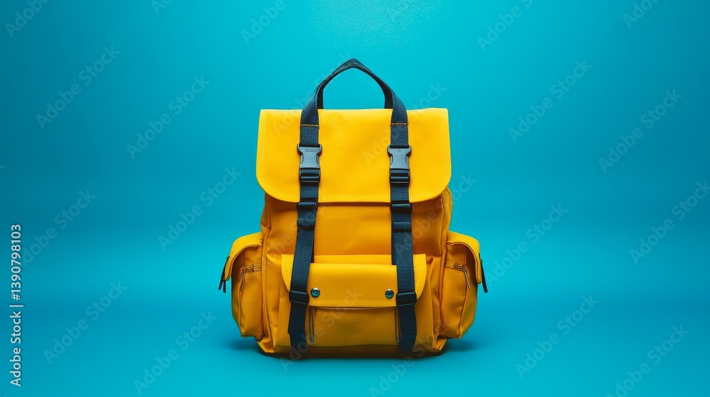 Full school backpack isolated on blue background with copy space