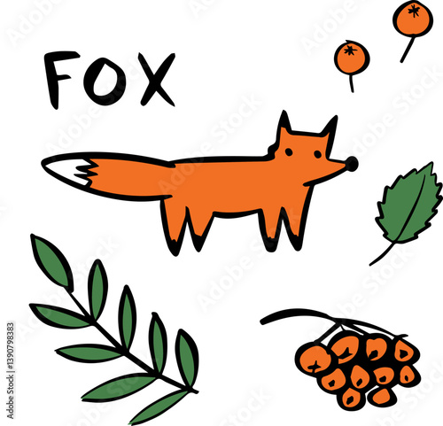 fox and forest doodle set kid drawing. Vector illustration