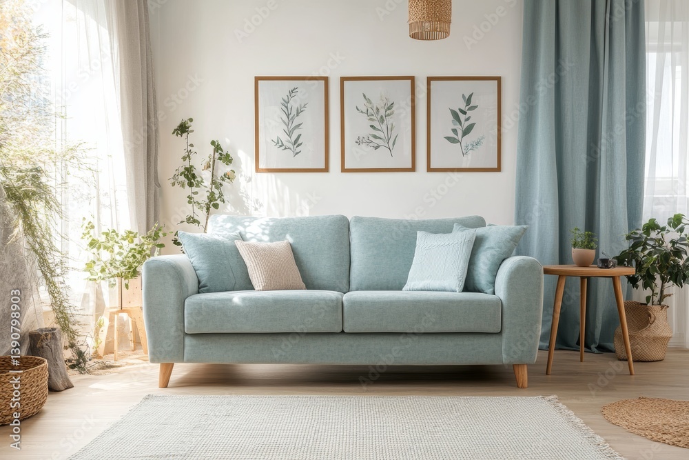 Modern interior in blue and white tones with a sofa, curtains. Armchair and table.