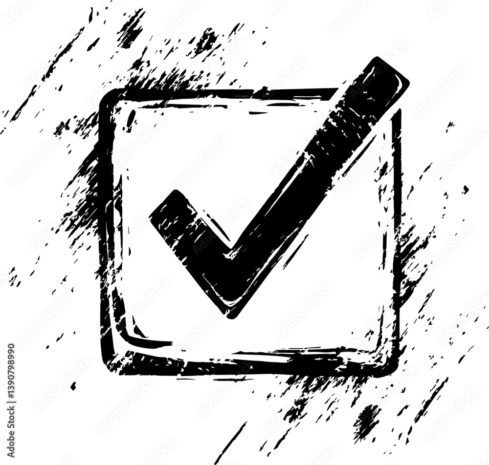 Black grunge tick or check mark inside a textured square. Represents confirmation, agreement, or selection.