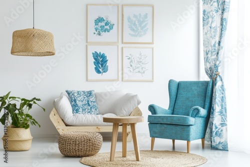 Obraz na płótnie Modern interior in blue and white tones with a sofa, curtains. Armchair and table. w salonie