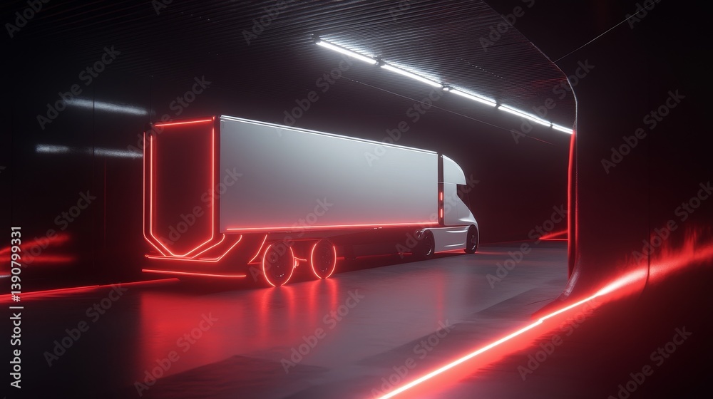 A trailer with blue neon lights drives at high speed through a minimalist futuristic tunnel
