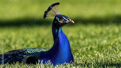 Majestic peacock resting in green grass, sunny park, nature background, wildlife photography