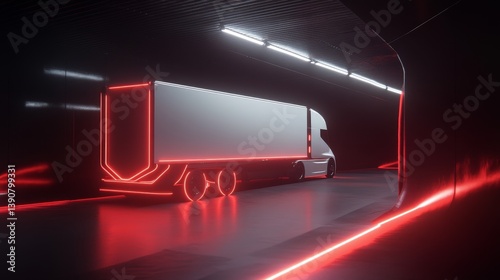 Obraz na płótnie A trailer with blue neon lights drives at high speed through a minimalist futuristic tunnel w salonie