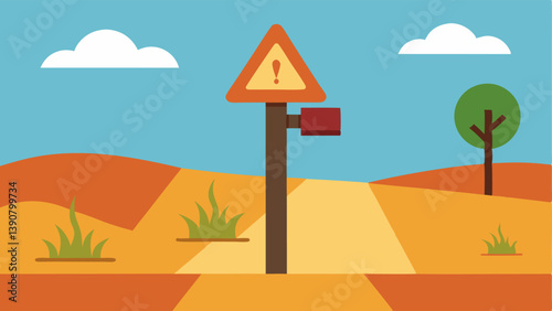 Drought Warning Sign An environmental signpost in a parched landscape displaying warnings for citizens about groundwater depletion and encouraging conservation efforts.