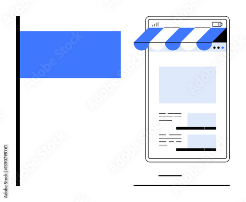 Mobile phone with a storefront awning representing digital shop setup next to a striking blue vertical flag. Ideal for e-commerce, marketing, branding, business, UI design, digital innovation, flat