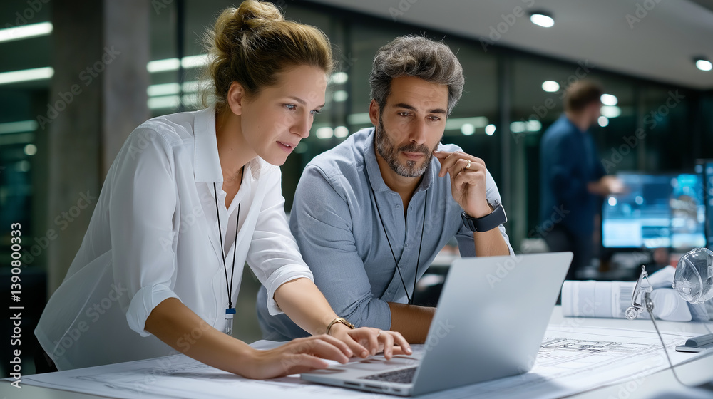 A female chief engineer collaborating with an electronics specialist in an office A female chief engineer collaborating with an electronics specialist in an office
