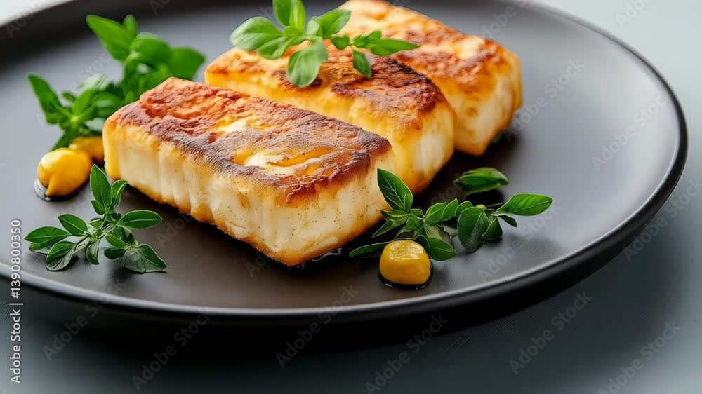 Grilled halloumi cheese on plate garnished with fresh herbs A culinary delight for cheese lovers Grilled halloumi cheese on plate garnished with fresh herbs A culinary delight for cheese lovers