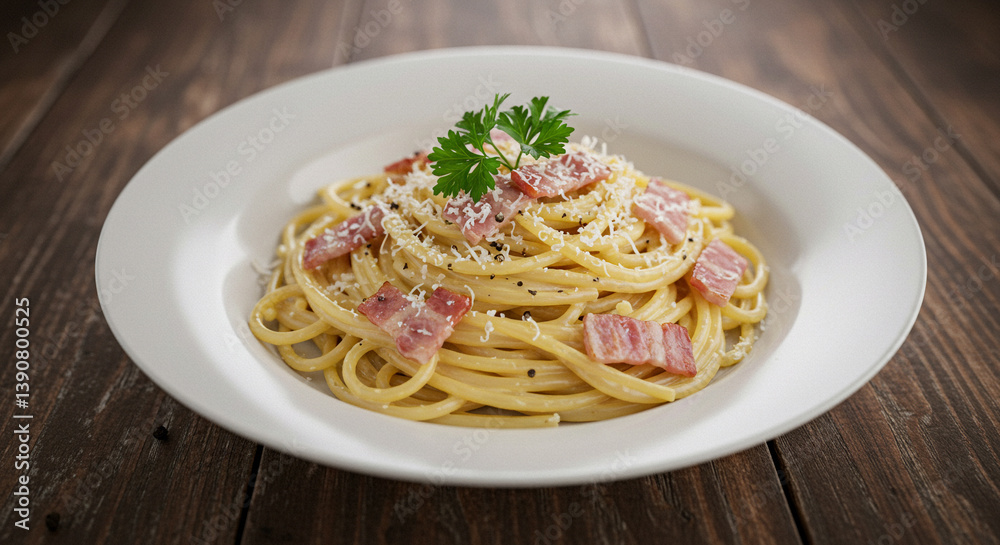 Creamy Carbonara Pasta Delight A tempting plate of spaghetti carbonara perfectly cooked pasta with savory bacon creamy sauce and parmesan cheese Served on a white plate against a AI Generative Creamy Carbonara Pasta Delight A tempting plate of spaghetti carbonara perfectly cooked pasta with savory bacon creamy sauce and parmesan cheese Served on a white plate against a AI Generative