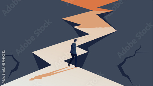 Footsteps on Broken Ground A silhouette of a person hesitating on a path with visible cracks and breaks examining it cautiously which conveys the fear of the unknown that leads to