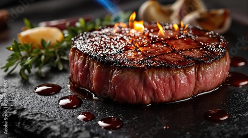 Pan seared steak being finished with kitchen torch creating small flames, filet mignon on black slate plate with thyme, roasted garlic, and red wine reduction sauce