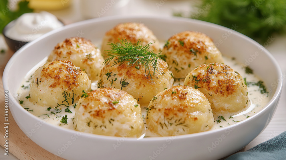 Soft potato dumplings in butter sauce served with fresh dill and sour cream for a comforting meal Soft potato dumplings in butter sauce served with fresh dill and sour cream for a comforting meal