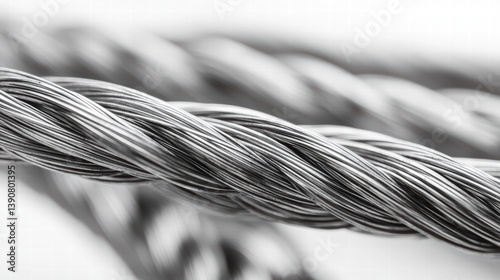 Coiled Steel Cables: a monochromatic display of steel cables twisting, emphasizing the strength and resilience of the material, with clean lines and a focus on texture and engineering.