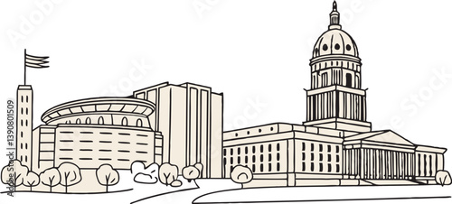 Lincoln skyline, featuring the Nebraska State Capitol and Pinnacle Bank Arena in a sleek, one-line drawing style.