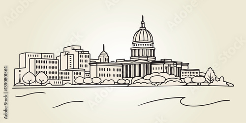 Madison one-line drawing skyline.