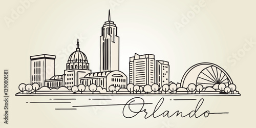 Orlando skyline, incorporating Lake Eola and the city's famous theme park elements in a smooth, continuous-line style.