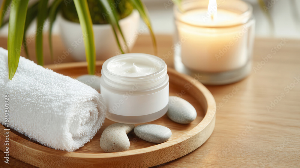 Soothing face cream on a wooden spa tray with stones, candle, and towel for relaxation and indulgence Soothing face cream on a wooden spa tray with stones, candle, and towel for relaxation and indulgence