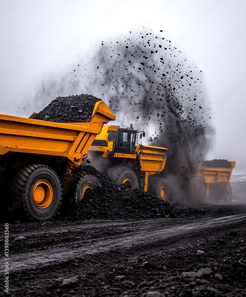 Large yellow mining trucks dumping a massive load of black material Large yellow mining trucks dumping a massive load of black material