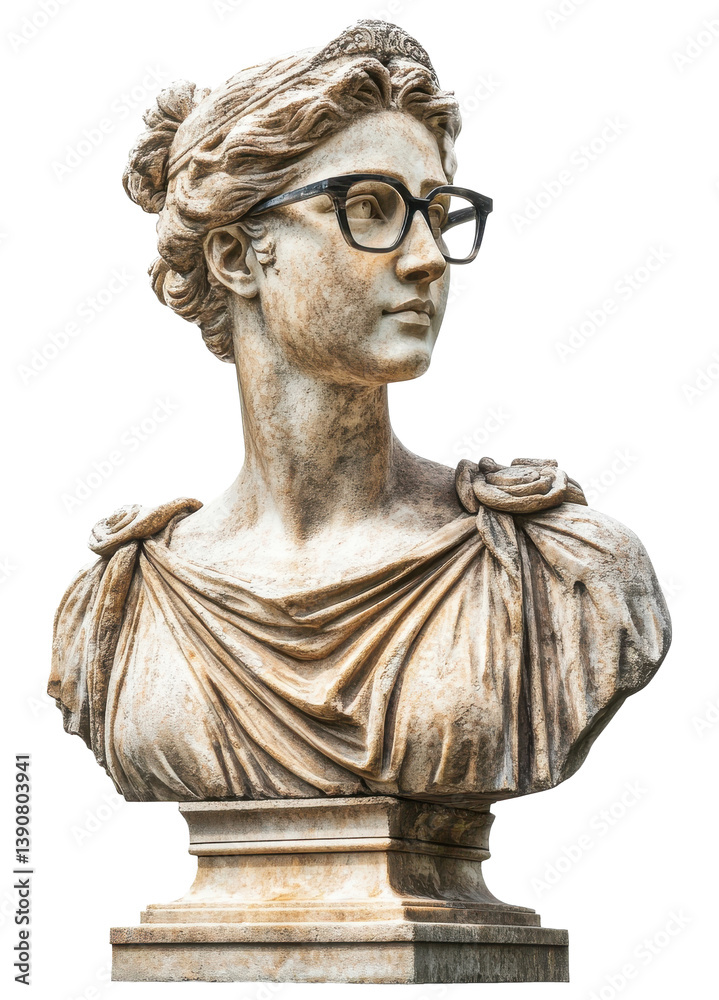 Obraz premium Sculpture featuring modern glasses on a classical marble bust in a contemporary style Generative AI