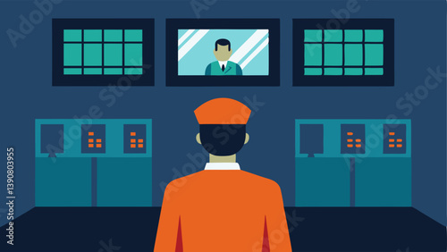 Monitoring from Control Room A guard observes multiple screens in a control room displaying views of different prison blocks where inmates are moving around.