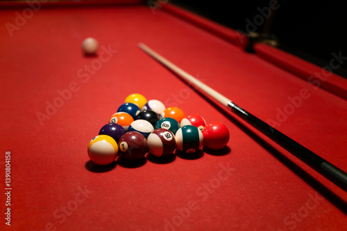 Biliard Table with balls and cue