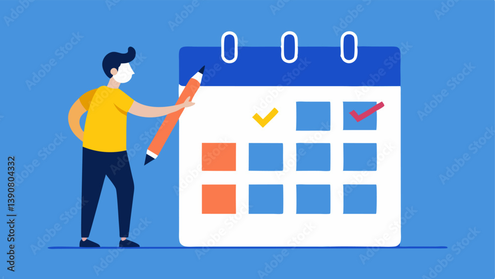 Calendar with Tax Dates An illustrated wall calendar marked with important tax deadlines with a freelancer checking off completed tasks pen in hand.