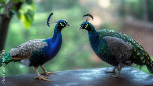 Peacock and peahen showing their colorful plumage