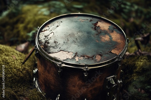 A weathered snare drum rests on moss-covered ground in a forest setting, showcasing its aged, distressed finish.