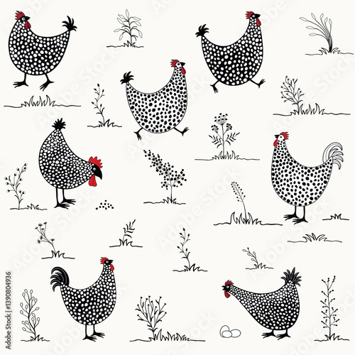 Pattern with cute  cartoon chickens on white background