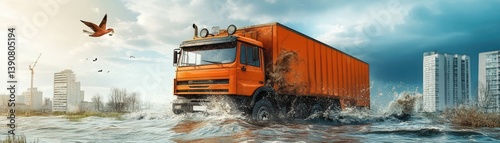 Post-Apocalyptic Truck Navigating Flooded Urban Landscape