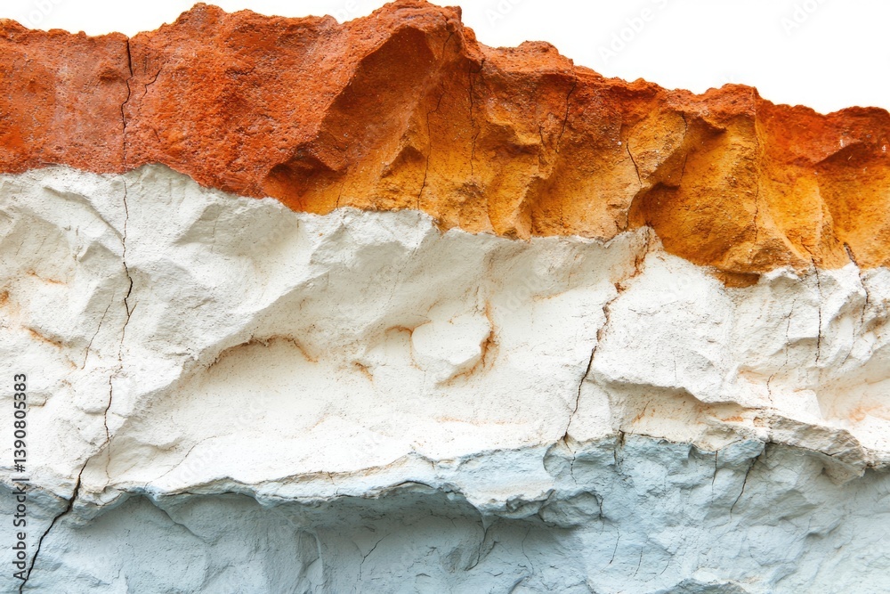Layered rock formation with orange, white, and blue hues, showing texture and cracks. Layered rock formation with orange, white, and blue hues, showing texture and cracks.