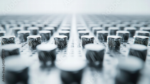 Industrial Precision: Close-up view of a technological surface features a pattern of metallic studs, rendered in monochrome, emphasizing the texture and geometric perfection of manufacturing.