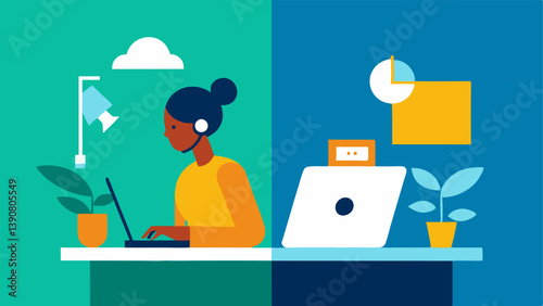 Group Project A splitscreen illustration showing two scenes on one side an individual working diligently at a desk